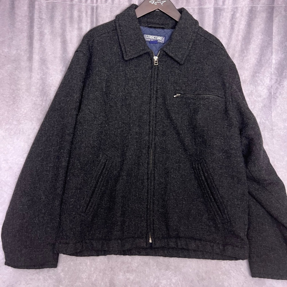 Structure Wool Blend Jacket Mens Large Charcoal Gray Excellent Quilted Lined Zip